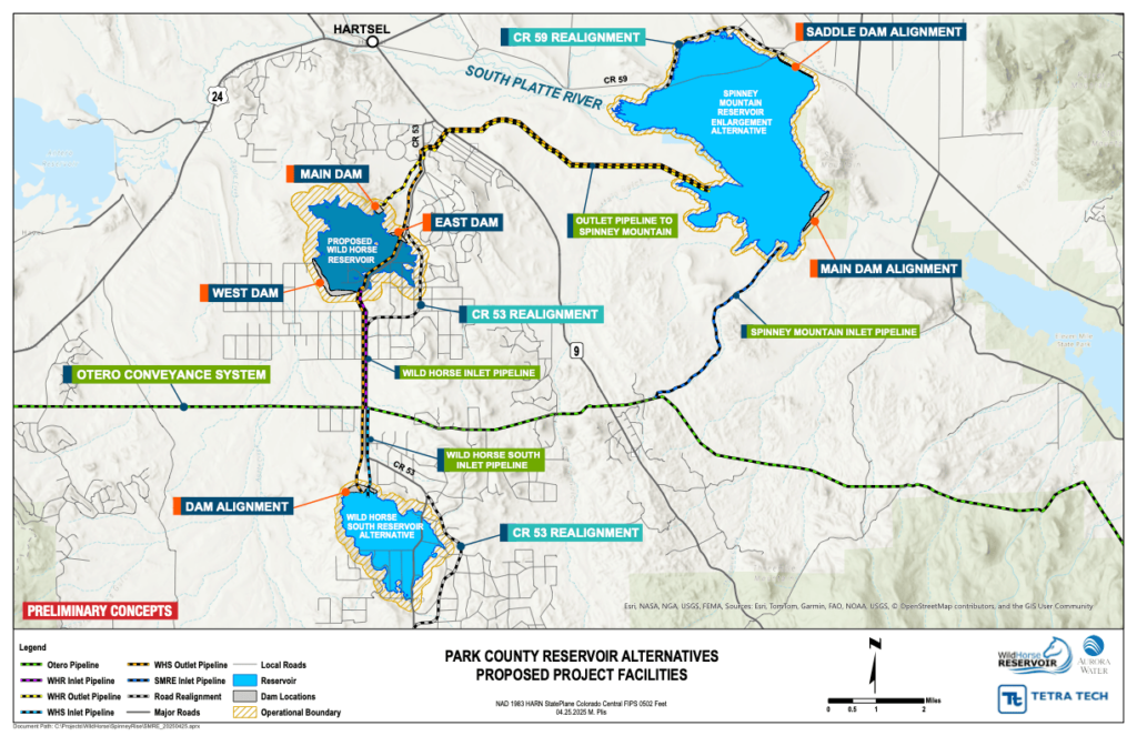 Map overview of Wild Horse Reservoir project alternatives, showing options near Spinney Mountain Reservoir and south of Hartsel. More description of each alternative is explained in the rest of the Permitting webpage copy.