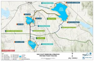 Map overview of Wild Horse Reservoir project alternatives, showing options near Spinney Mountain Reservoir and south of Hartsel. More description of each alternative is explained in the rest of the Permitting webpage copy.
