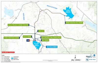 Wild Horse South Reservoir with one dam, inlet and outlet pipelines, Otero Conveyance System, and pipeline from Wild Horse South Reservoir to Spinney Mountain Reservoir.