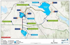 Map overview of Wild Horse Reservoir project alternatives: Wild Horse South Reservoir, Small Wild Horse Reservoir, and Spinney Mountain Reservoir Enlargement. Additional features include pipeline routes and road realignments for CR 53. More information can be found on the Project Alternatives webpage.