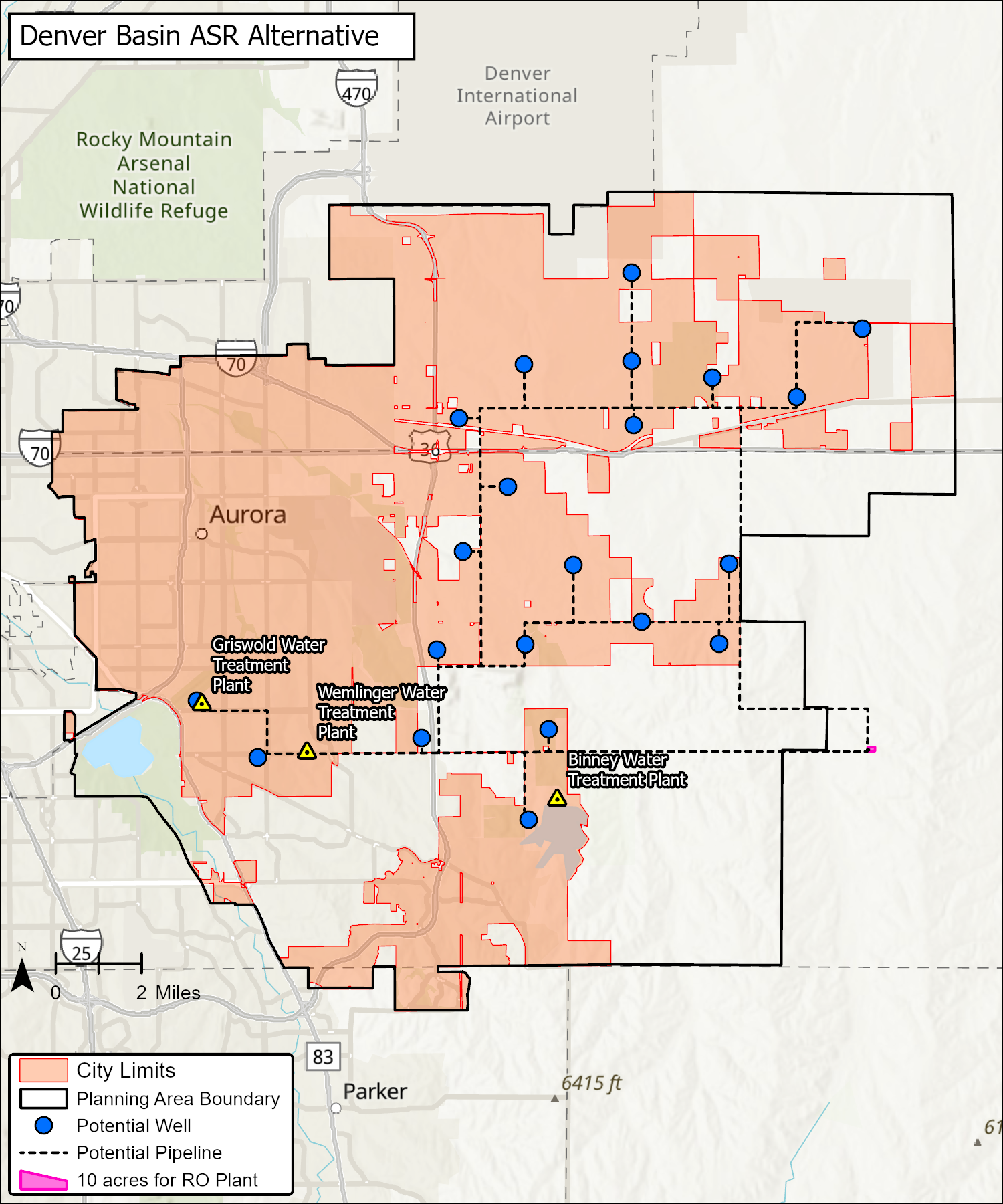 Map of Denver Basin Aquifer Storage and Recovery Alternative. Twenty-one wells throughout the city of Aurora with pipelines connecting all the wells. A reverse osmosis plant would be just west of the city.