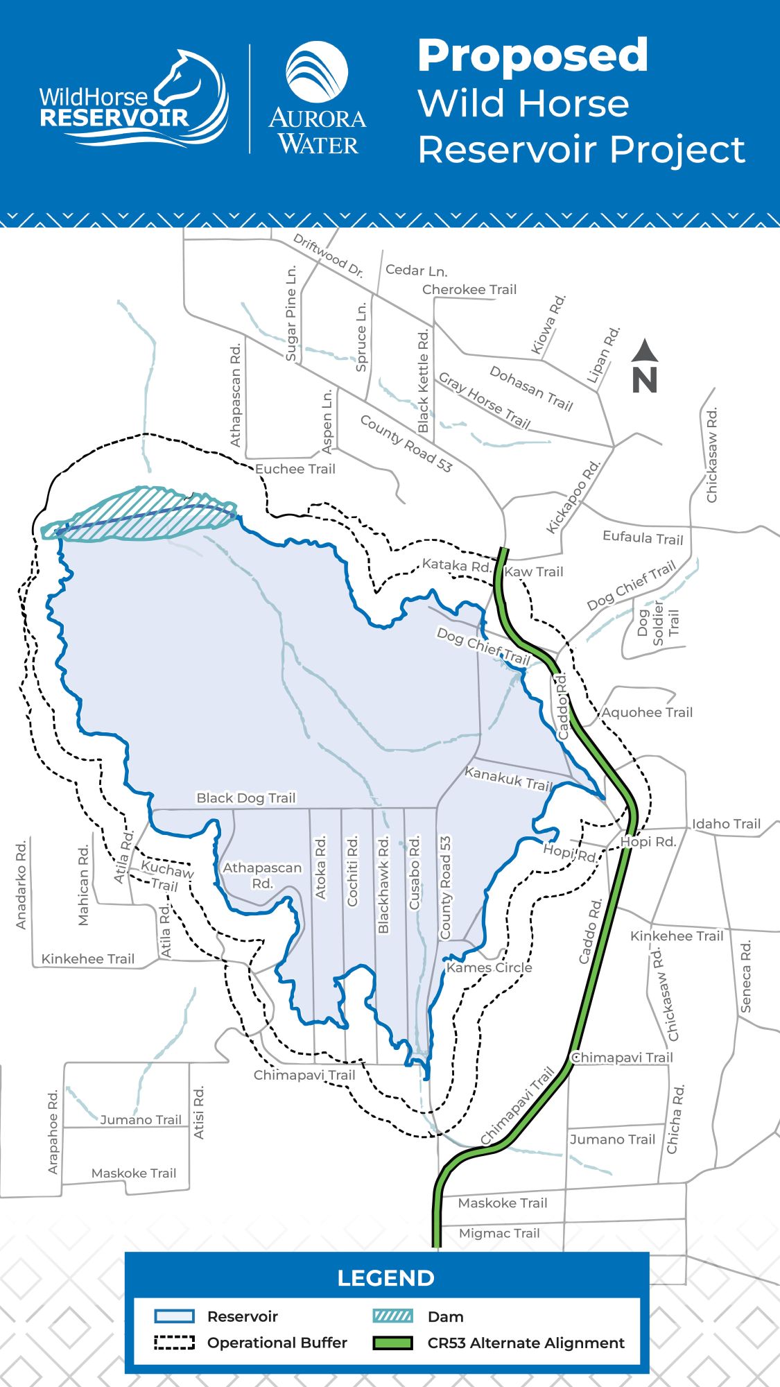 Proposed Wild Horse Reservoir site footprint overlaid on nearby street names near Hartsel, CO.