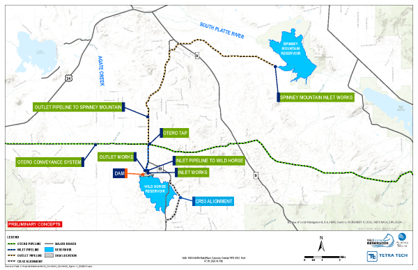 Proposed Wild Horse Reservoir Project with one dam, inlet and outlet pipelines, Otero Conveyance System, CR53 realignment to the east of the reservoir, and pipeline from Wild Horse Reservoir to Spinney Mountain Reservoir.