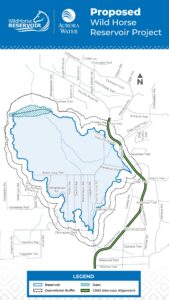 CR 53 realignment wraps around the east side of the proposed Wild Horse Reservoir Project from existing CR53 to Dog Chief Trail near Caddo Rd., across Hopi Trail to Chickasaw Rd., down Chickasaw Rd. to Chimapavi Trail, and then merges with existing CR53 south of the project.