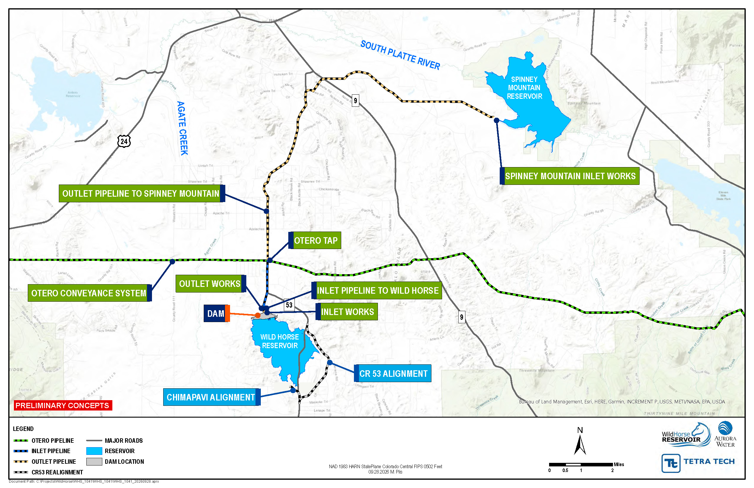 Proposed Wild Horse Reservoir Project with one dam, inlet and outlet pipelines, Otero Conveyance System, CR53 realignment to the east of the reservoir, and pipeline from Wild Horse Reservoir to Spinney Mountain Reservoir.